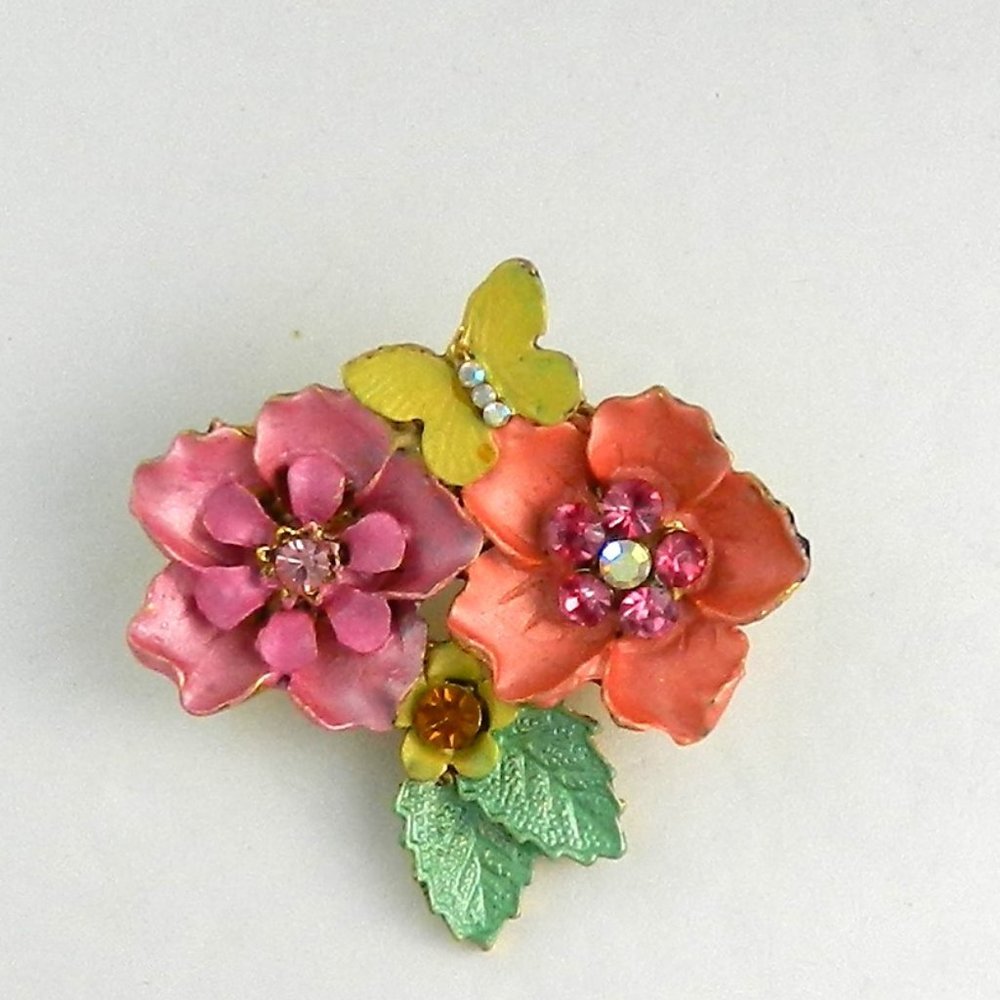 C Stein Brooch / Dillards Flower and Butterfly w/ Rhinestone Centers Signed